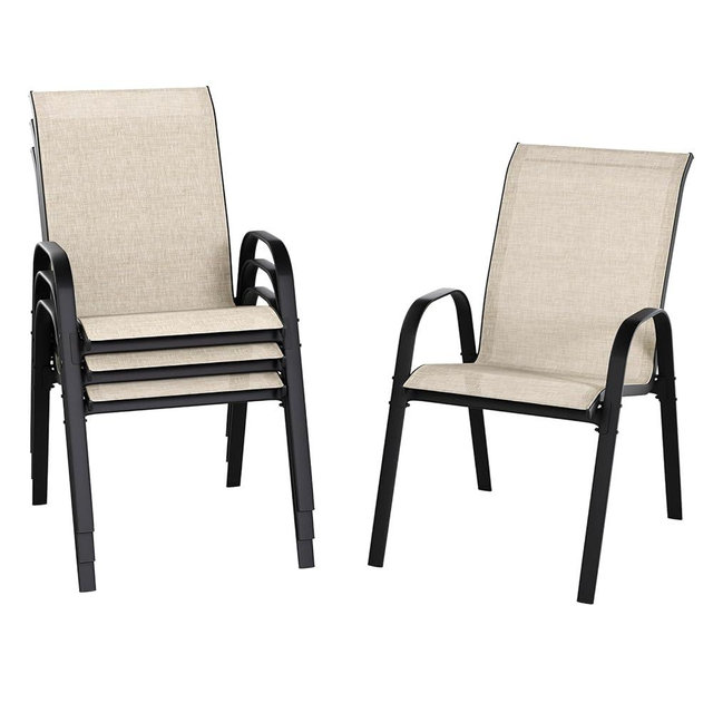 SWITTE Patio Chairs Set of 4 with Armrests, Outdoor Stackable Dining Chairs with Breathable Backrest and Metal Frame for Lawn, Garden, Deck, Poolside, Light Beige