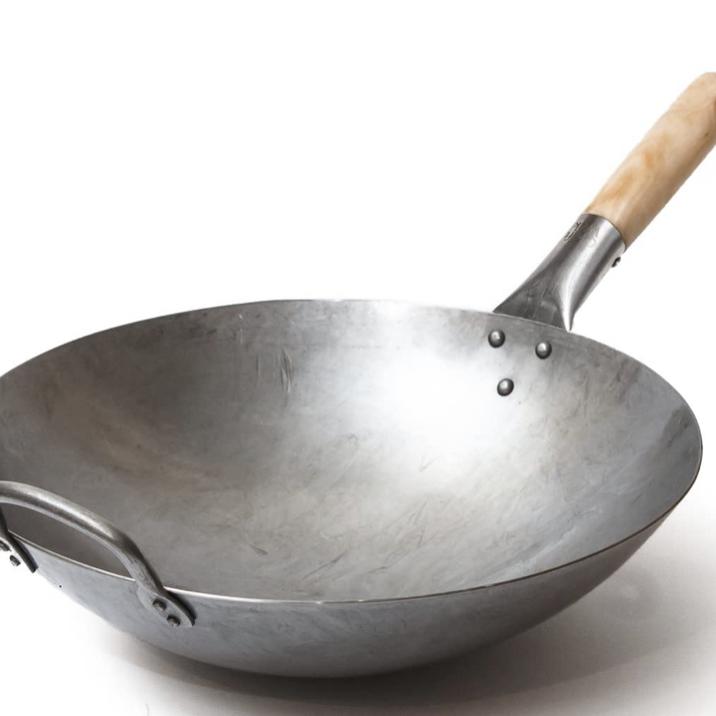 Craft Wok Traditional Hand Hammered Carbon Steel Pow Wok with Wooden and Steel Helper Handle (14 Inch, Round Bottom) / 731W88