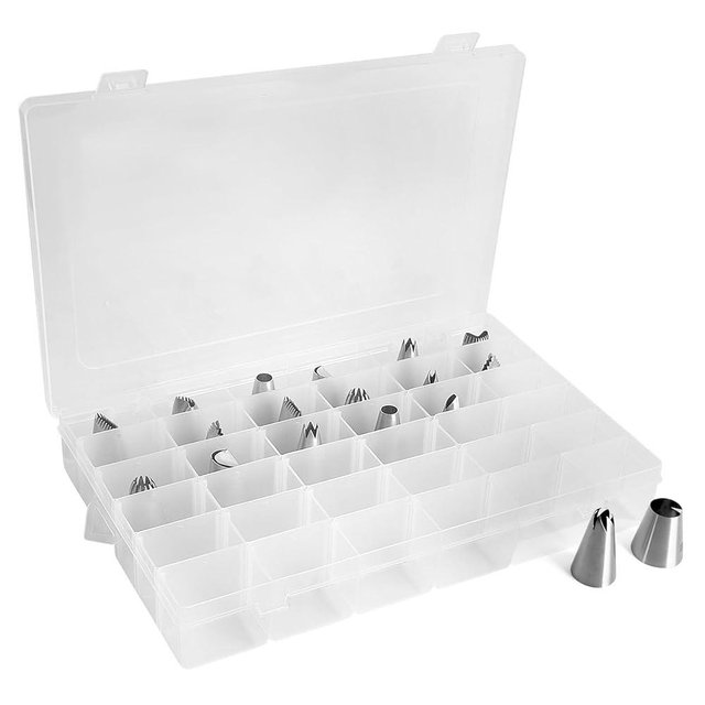Piping Tip Organizer Box, 36 Grids Storage Container with Adjustable Dividers, Made with Clear Plastics, Compartment Container for Cake Decorating Tools, Baking Tools, Jewelry, Beads and Small Crafts