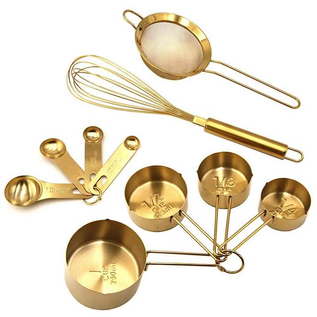Homestia 10 Piece Gold Cooking and Baking Utensil Set Stainless Steel: 4 Pcs Measuring Cups, 4 Pcs Measuring Spoons, 12" L Whisk, 4" W Flat Fine Mesh Strainer Sieve