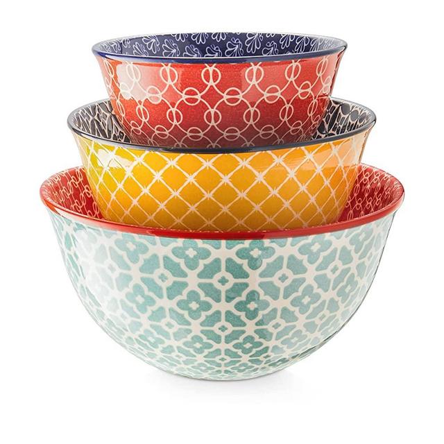 DOWAN Vibrant Mixing Bowls (Set of 3), Assorted Sizes, Colorful Nesting Bowls for Space Saving Storage, Ceramic Mixing Bowls Great for Cooking, Baking, Prepping, Housewarming Gift, 3.7/2/1 Quart