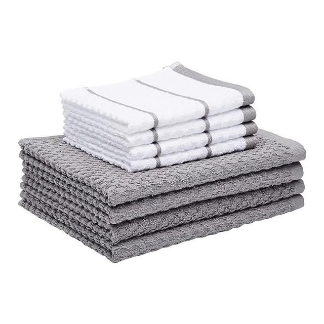 Amazon Basics 100% Cotton Terry Kitchen Dish Cloth & Towel Set, Popcorn Texture - 8-Pack, Grey Stripe