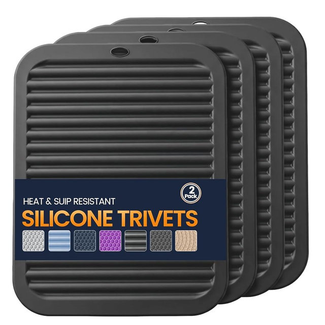 Silicone Trivet Mats 4 Heat Resistant Pot Holders Multipurpose Non-Slip Hot Pads for Kitchen Potholders, Drying mat, Jar Opener, Spoon Holder, Coaster.(Pitch Black)