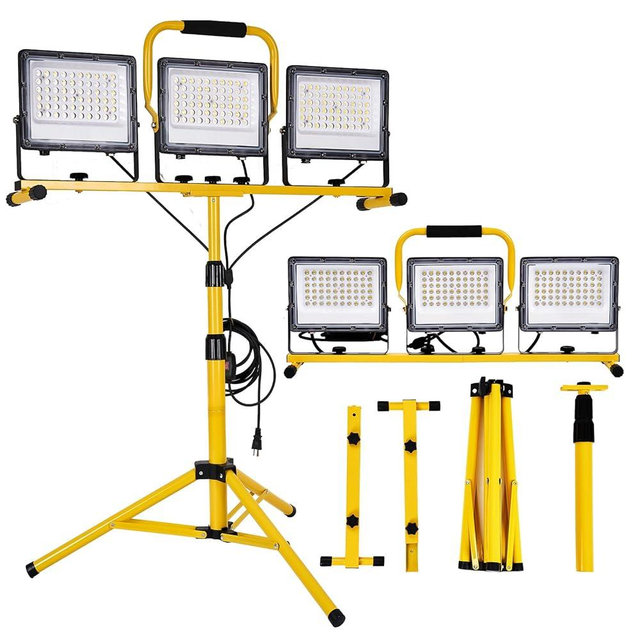 30000 Lumen LED Work Lights with Stand - 3 Adjustable Head Waterproof Foldable Tripod Light, 6500K Daylight (47-68" Height) & 18FT Cord - IP66 Rated for Construction Sites, Garage, Outdoor