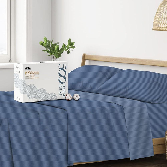Mayfair Linen 100% Cotton Striped Sheets Queen Size Bed Set - 500 Thread Count Damask Sheets Queen Size 4 PC Set (Light Blue Stripe), Soft, Cooling, Sateen Weave Hotel-Quality 16" Deep Pocket Bedsheet