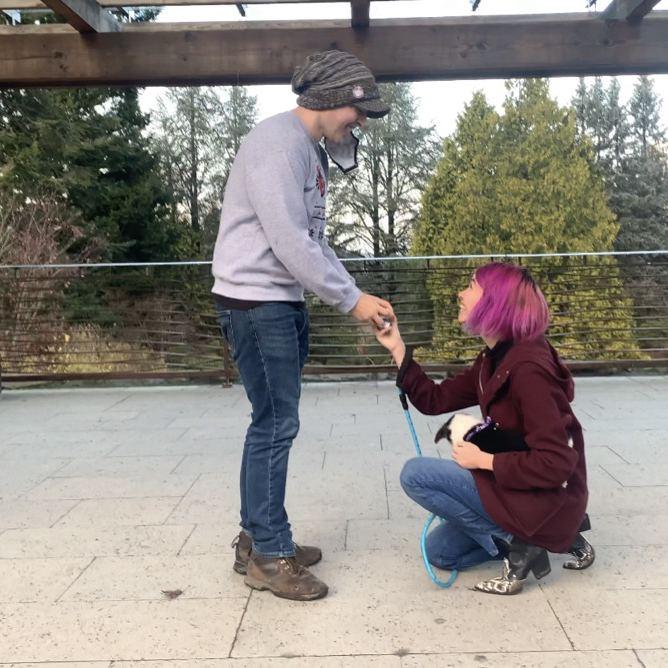 Leanna proposed first! Based on a dream Daniel had, where Leanna walked up with a puppy and a burrito and he just said "I do". This happened.