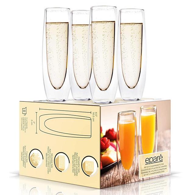 Eparé Champagne Flutes - Set of 4 - Stemless Sparkling Wine Glasses - Wine Flute - Great For Weddings and Bridal Showers