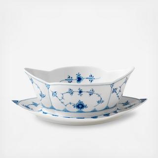 Blue Fluted Plain Gravy Boat With Stand