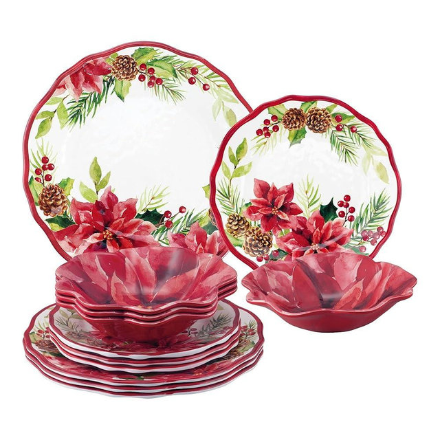 UPware 12-Piece Melamine Dinnerware Set, Includes Dinner Plates, Salad Plates, Bowls, Service for 4 (Poinsettias)