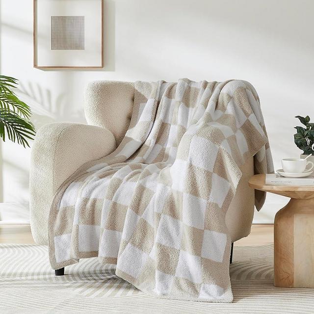 R.SHARE Beige Checkered Throw Blanket 50x70 Inch Reversible, Tan Cream and White Taupe Microfiber Soft Comfy Cozy Lightweight Fluffy Fuzzy Warm Cute Checkerboard Plaid for Couch Sofa Chair Bed