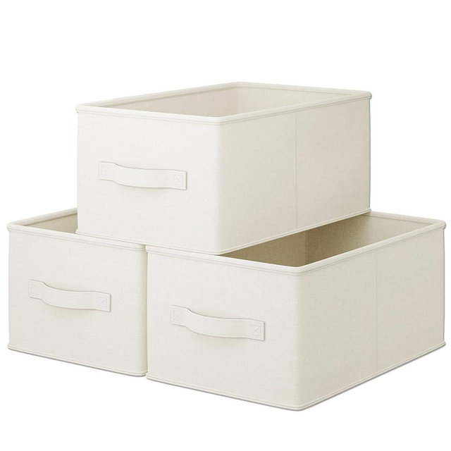 LayerSpace 3 Pack Fabric Storage Bins for Shelves | 16.25x12x10in Closet | Collapsible Bins for Organization | Linen Clothes Storage Bins | White & Ivory