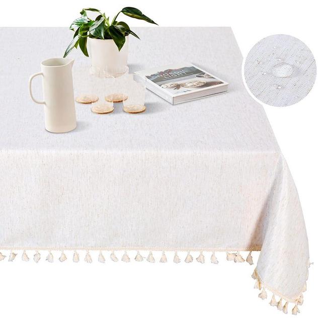 MYSKY HOME Table Cloth 60x60 in Rectangle Table, Heavy Duty Cotton Tassel Linen Look Waterproof Tablecloths Farmhouse Tablecloth, Wrinkle Free Table Cover with Beige Tassels for Kitchen Dining, Party