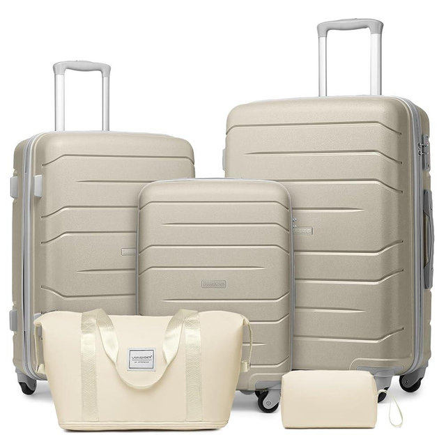 LARVENDER Luggage Sets 5 Piece, Expandable Luggage Hardside PP Suitcase Sets with Spinner Wheels TSA Lock, Lightweight Rolling Suitcase for Men and Women,Sand Grey