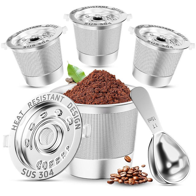 4 Pack Reusable K Cups Coffee Pods for Keurig 1.0: Stainless Steel Refillable K Cups - Reusable Coffee Filters for Coffee Machine, SUS 304‌, BPA-Free, Heat Resistant Handles, Scoop
