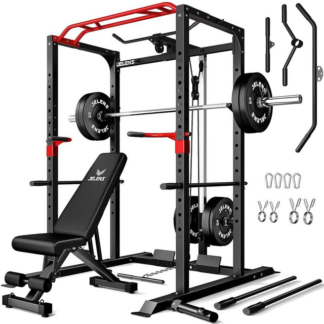 JELENS Power Cage, 2000LBS Multi-Function S11 Power Rack with LAT Pulldown, Squat Rack with Adjustable Pulley System and More Training Attachments, Weight Workout Machine for Home Gym