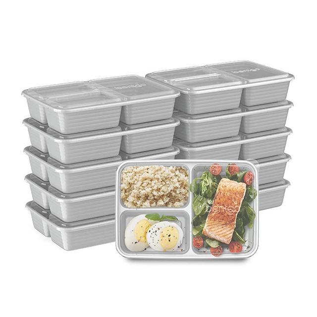 Bentgo Prep 3-Compartment Meal-Prep Containers with Custom-Fit Lids - Microwaveable, Durable, Reusable, BPA-Free, Freezer and Dishwasher Safe Food Storage Containers - 10 Trays & 10 Lids (Silver)
