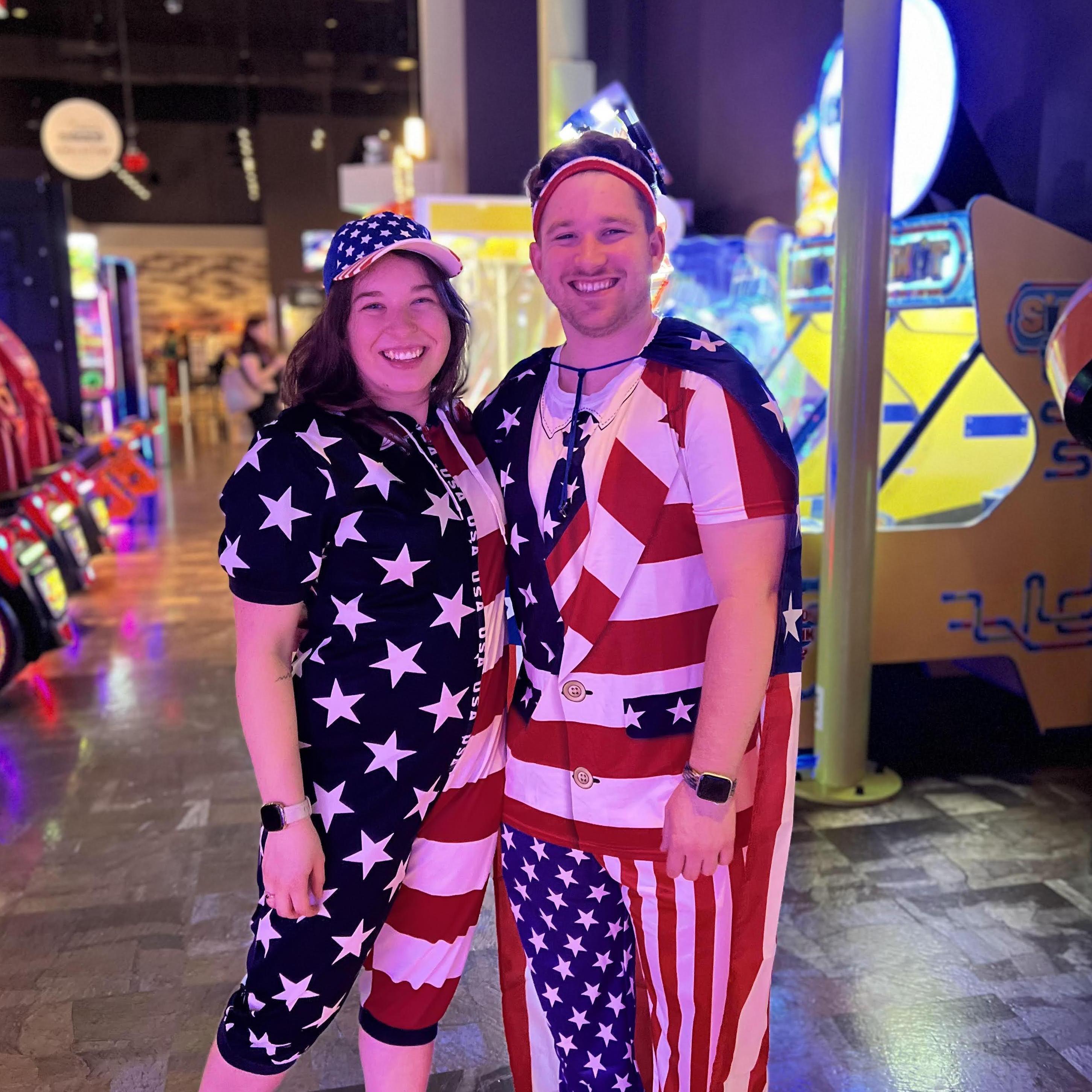 We love being silly together in 4th of July costume for a sorority event!