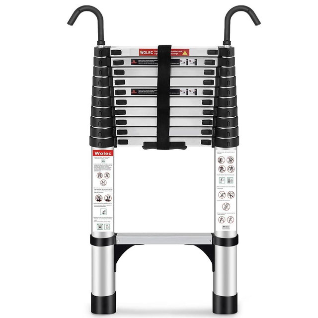 Wolec Telescoping Ladder, 10.5FT Aluminum Lightweight Portable Telescopic Ladder with Hook, Stabilizers & Wheels, Heavy Duty 330lbs Max Capacity, Extension Ladder for Roofs, RVs, Outdoor-Sliver