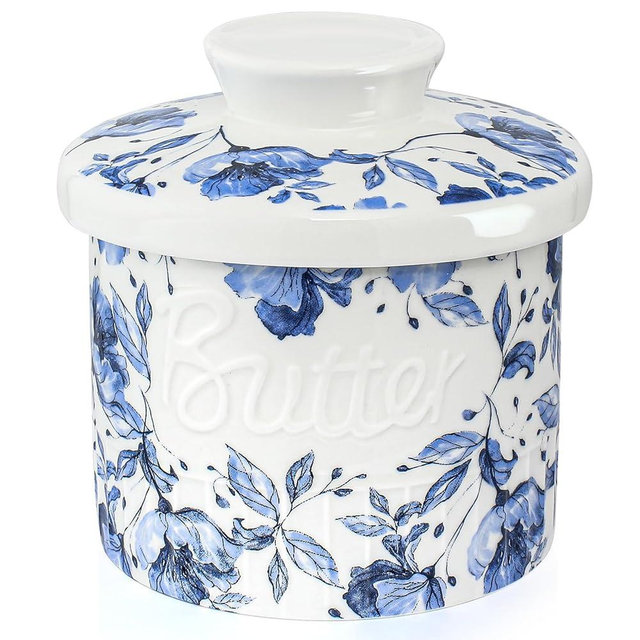 Butter Crock, French Butter Dish with Lid, Ceramic Butter Keeper for Countertop, 6.35OZ Butter Container Holder With Water Seal for Soft Spreadable Butter, White