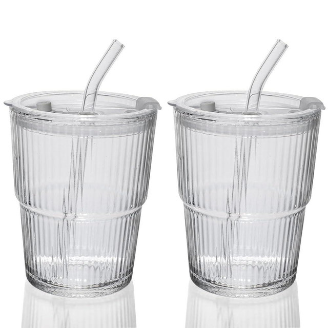 QWEZXO 13OZ/400ML Ice Coffee Glass Tumbler, Thick Wall Water Glass Cup Mug Tea with Straw and Lid Sealed Carry On （Clear） 2Pack