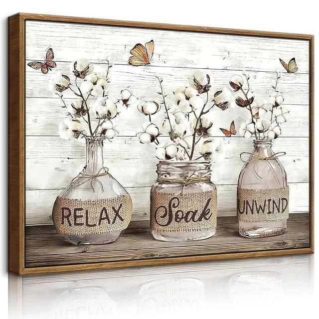 BJVJKSU Framed Farmhouse Bathroom Wall Art Brown Rustic Cotton Flower Bathroom Canvas Wall Decor Relax Soak Unwind Sign Painting Print Vintage Aesthetic Picture Artwork Decor(12x16in)