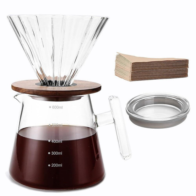 Lalord Pour Over Coffee Maker, 20 oz Borosilicate Glass Set with 100 pcs Paper Filter, Walnut Collar & Glass Lid, Drip Coffee Maker, 1-3 Cups, Clear, 600 ml, Petal Shape