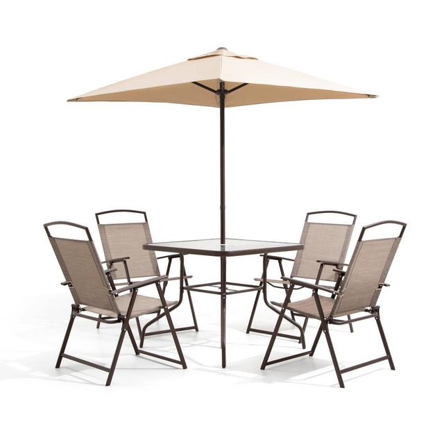 6pc Patio Dinning Set with 4 Folding Chairs Glass Table and Tan Umbrella without Base Beige - Crestlive Products