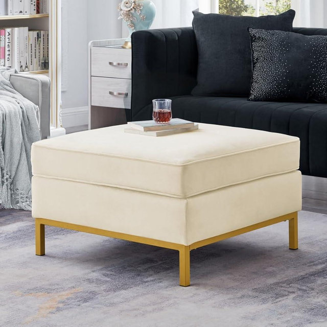 24KF Mid-Century Modern Upholstered Square Sofa Ottoman Couch Ottoman, upholstered Velvet Padded Cushion Coffee Table Ottoman,Large Footrest Ottoman for Sofa Couch-Cream