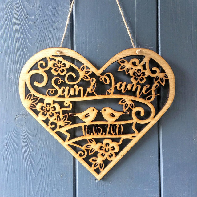 Personalised Wooden Wedding Heart Wall Art: Paper Cut 5th anniversary keepsake