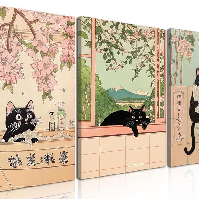 Japanese Bathroom Wall Art Set of 3, Cute Black Cat Bathtub Wall Decor, Funny Animal Reading Newspaper Canvas Prints for Bathroom Bedroom Laundry Room 12x16 inch Framed