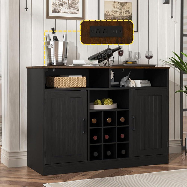 MHOM Farmhouse Buffet Cabinet with Prower Outlets, Rustic Sideboard Buffet with Wine Rack, Wooden Buffet Table for Dining Room, Antique Black