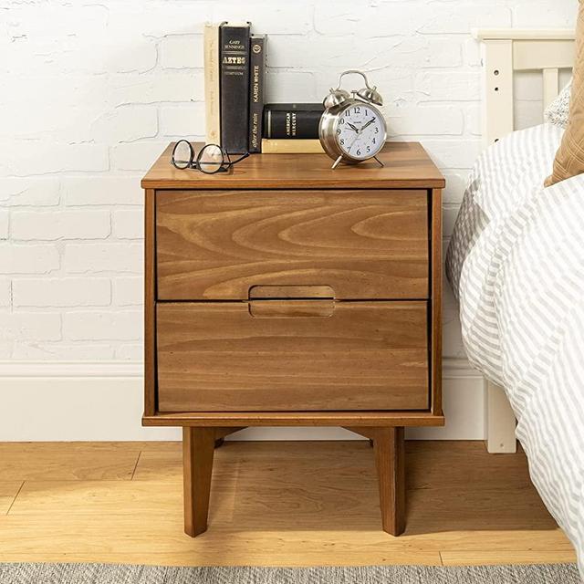 Walker Edison Mid Century Modern Grooved Handle Wood Nightstand Side Table Bedroom Storage Drawer and Shelf Bedside End Table, 2 Drawer, Caramel