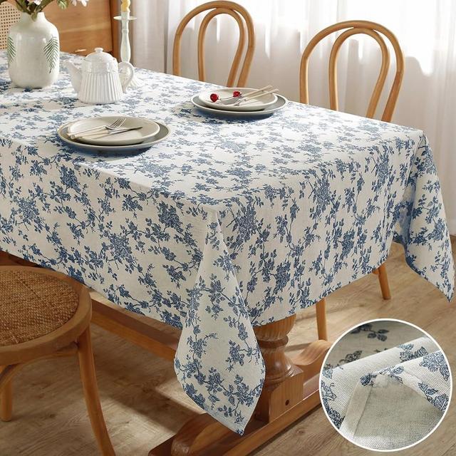 SASTYBALE Pastoral Cotton Linen Tablecloth Rectangle, Washable Vintage Table Cover with Blue Floral Patterns, Farmhouse Style Table Cloth for Spring, Picnic, Dinning Table (Rectangle, 52" x 70")