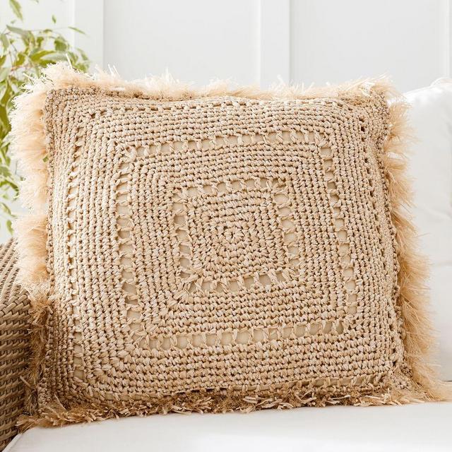 Faux Natural Fiber Crochet Fringe Indoor/Outdoor Pillow , 20 x 20", Natural