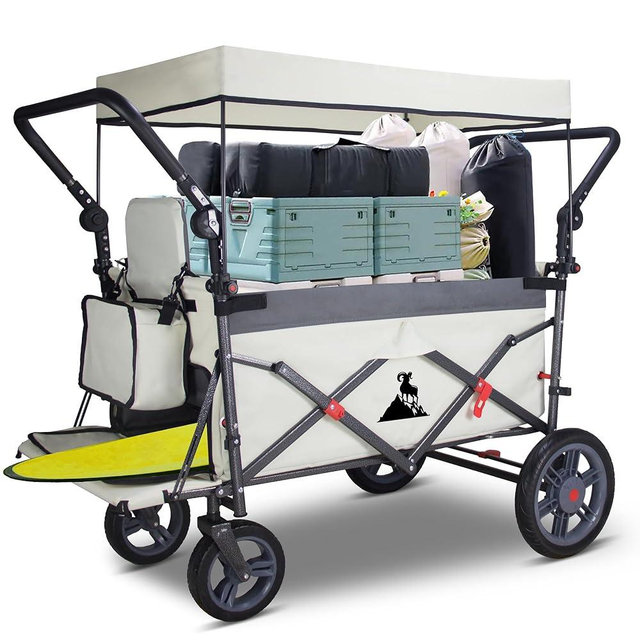 TOPWELL Foldable Wagon with Canopy - Collapsible Utility Cart with 2 Seats & Belts, Adjustable Handle, Expandable Front for Camping, Picnic, Shopping (Beige/Grey)