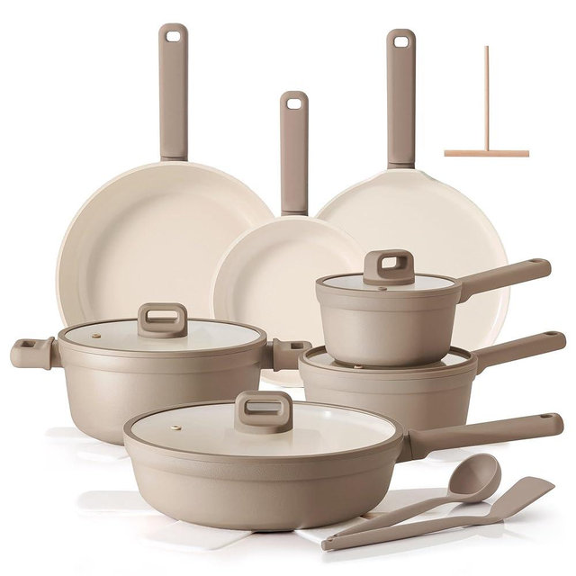 SENSARTE 20Pcs Pots and Pans Set Nonstick, Ceramic Cookware Set Non Stick, Non-toxic Healthy Kitchen Cooking Set, Induction Compatible, Dishwasher Safe, PFAS/PTFE/PFOA Free, TAUPE