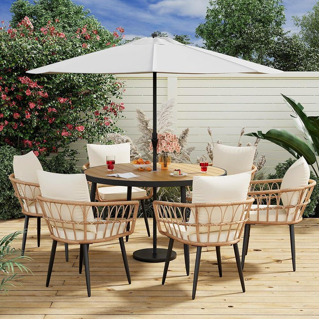 Pamapic 7 Pieces Outdoor Dining Set,All-Weather PE Rattan Patio Dining Sets with Wood Table Top, Outdoor Table and Chairs for 6 with Removable Cushion for Lawn Garden Patio, Cream
