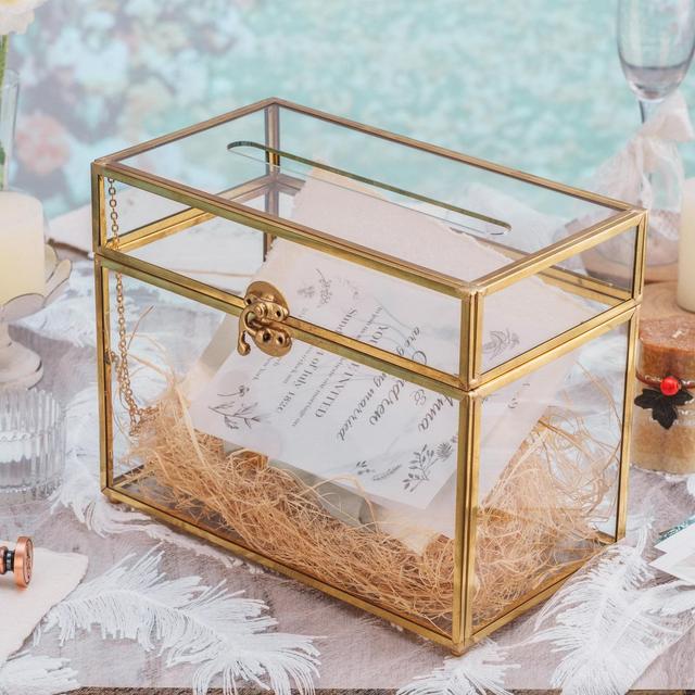 Large Gold Foot Rectangle with Slot Geometric Glass Card Box Keepsake Recipe Reception Envelope Holder Display Gift with Swing Lid Latch