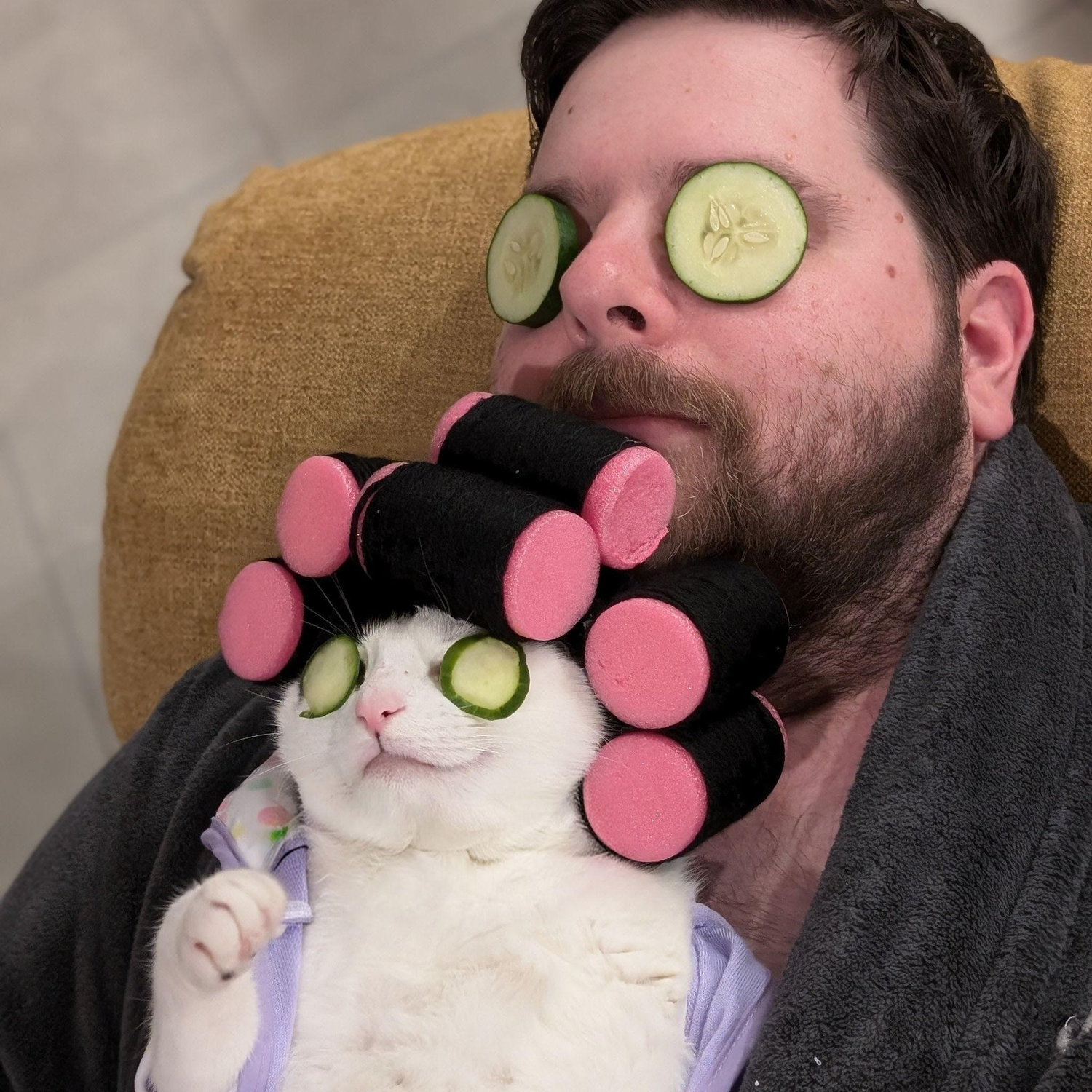 Perhaps the best photo of Ari-Gato and Johnny ever taken. Both are wearing real cucumbers on their eyes for Halloween shenanigans, (and primo relaxation). (Oct. 2024)