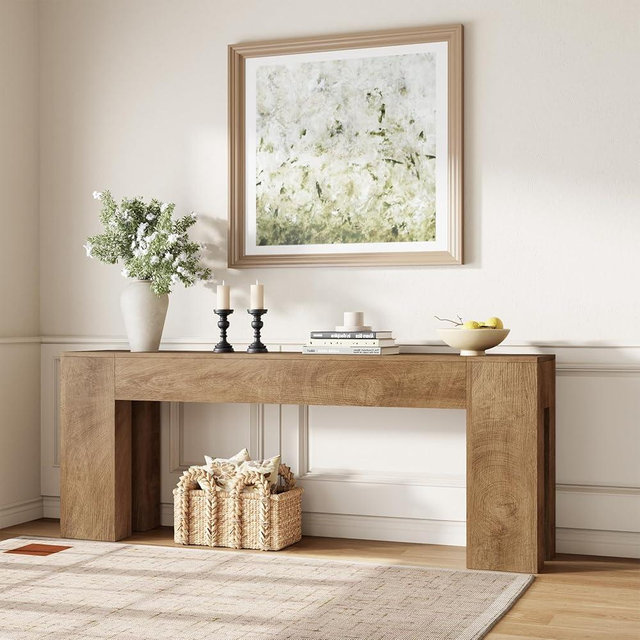 Extra Long Sofa Console Table for Entryway Living Room, 78-Inch Farmhouse Wood Behind Couch Table, Rectangular Accent Console with Wooden Double Base for Hallway Foyer Entrance, Natural Oak Brown
