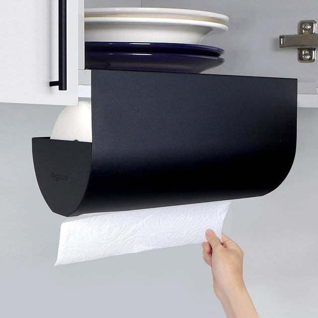 Dogorow Paper Towel Holder - Under Cabinet Paper Towel Holder for Kitchen, Bathroom - One Hand Operation, Space Saving Design - Paper Towel Rack, Self-Adhesive, No Drill Mounting (Black)