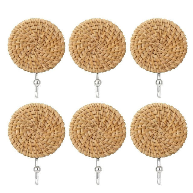 6 Pcs Boho Rattan Wall Towel Hooks, Wood Towel Hook Boho Decorative Wall Hooks with Vintage Boho Shelves Hooks, Easy Install Bohemian Wicker Hanging Hook for Coats, Boho Rattan Wall Hooks Decor