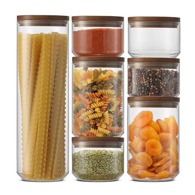 JoyJolt Holden 7-Piece Stackable Glass Storage Containers with Lids, Airtight Food Canister Set with Acacia Wood Lids, Round Stacking Pantry and Kitchen Containers for Pasta, Flour, Sugar, Coffee