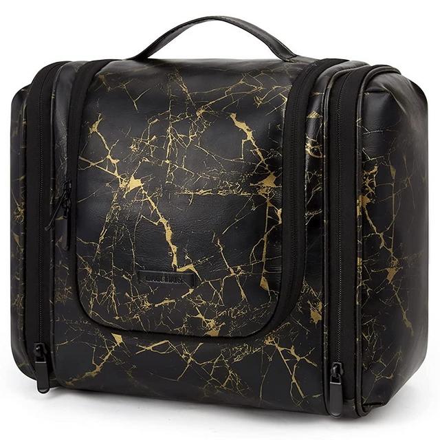 Large Toiletry Bag, BAGSMART Hanging Travel Toiletry Bag for Women, Marble Pattern Toiletry Organize Bag for Traveling, Water-resistant Cosmetic Makeup Travel Bag for Full Sized Toiletries, Black Gold Marble