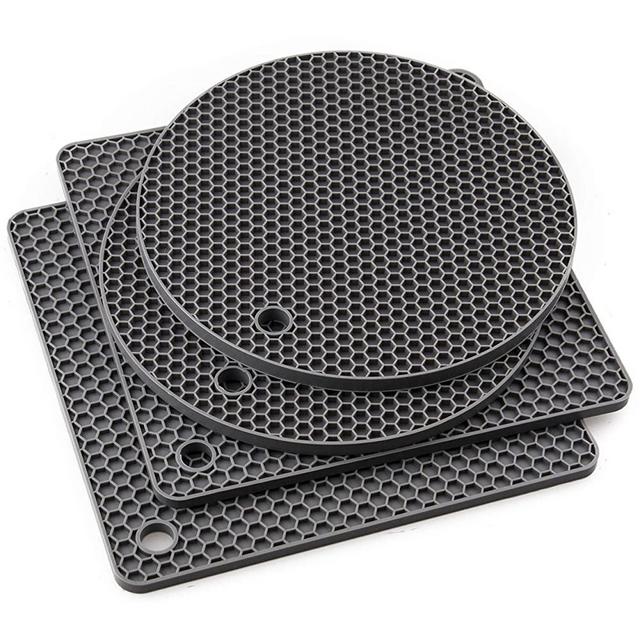 Smithcraft Silicone heat resistant trivet mat set of 4 hot pad for pot holder counter top protector and spoon rest food grade safe Round 2 + Square 2 Gray