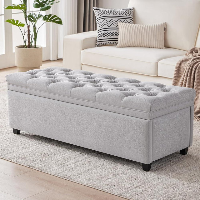 Mangodan 50" Storage Ottoman Bench, Tufted Ottoman with Storage Bench for Living Room, Large End of Bed Bench Ottomans, Modern Entryway Benches, Window & Bedroom Benches for Foot of Bed, LightGray