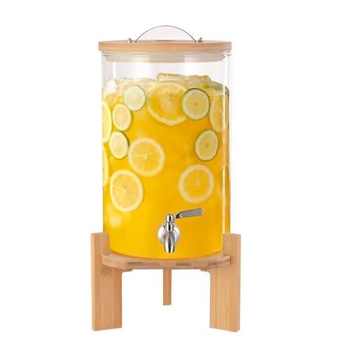 Sentingbaix Glass Drink Dispenser, 2 gallons, With faucet wood stand Easy flow control, great for parties, bars & restaurants Large Glass Cold Beverage Dispensers.(2 gallon)