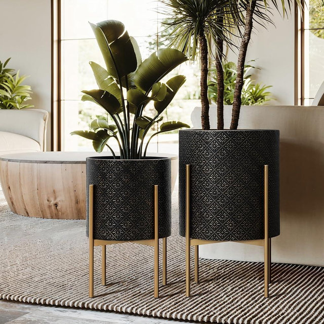 LuxenHome Mid Century Planters for Indoor Plants, Set of 2 Indoor Plant Pots, Modern Floral Stamped Decorative Planters with Gold Metal Stands, Large Floor Flower Pot for Living Room, 11.5 & 14 Inch