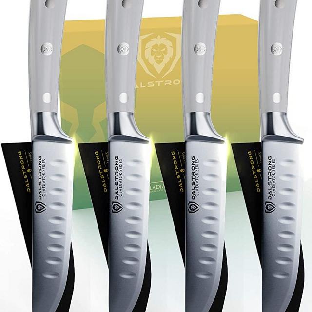 DALSTRONG Steak Knives - Set of 4 - 5" Straight Blade Edge - Gladiator Series - Forged German ThyssenKrupp HC Steel - w/Sheaths - Glacial White ABS Handle - NSF Certified