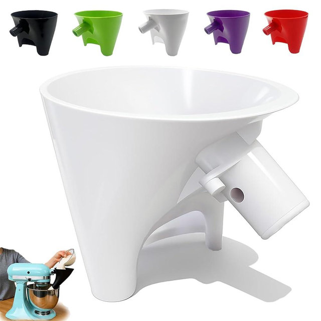 Flour Funnel for Kitchen Aid Mixer, Easy Pour No-Mess Attachment, Anti-Splash Accessory, Fits Tilt-Head 4.5–5 Qt (KSM150), Durable Dishwasher-Safe Baking Tool (White)